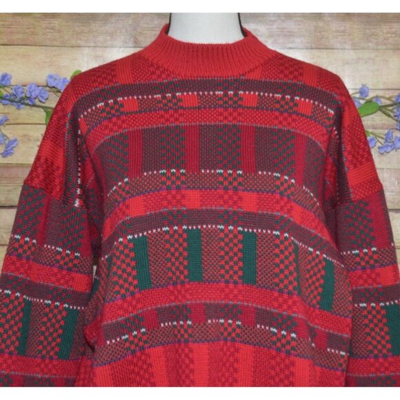 Top Notch Knits Unisex XL Red Green Heavy Knit 100% Wool Sweater Made In USA - Picture 2 of 8